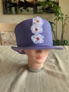 Lavender Straw Cloche Hat with White Floral Trim